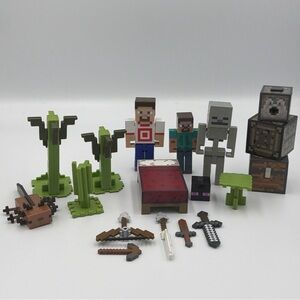 Minecraft Action Figures & Accessories Lot – Action Figures, Weapons, Bed, Chest